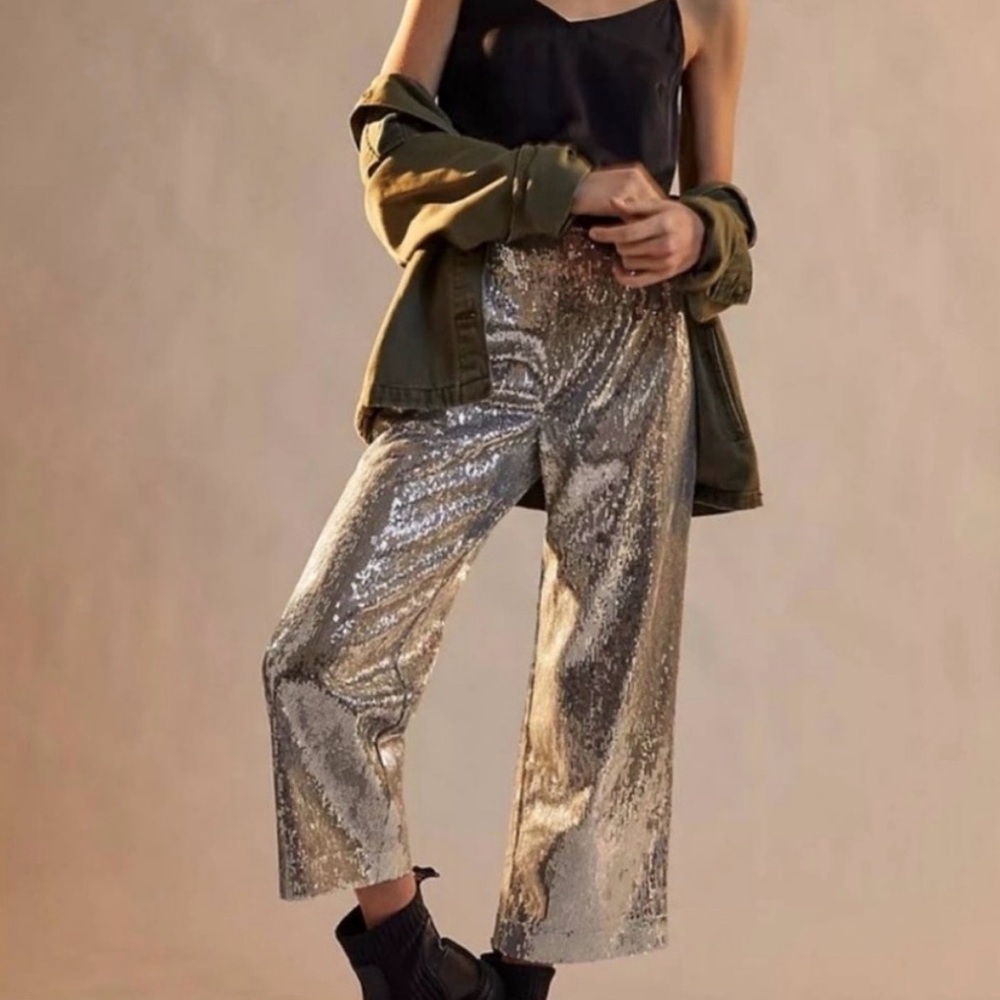 Porridge for Anthropologie Sequined Wide-Leg Pants in Silver - Sz L Worn Once